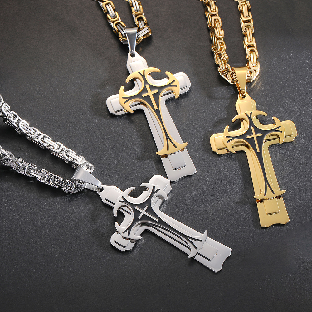 Stainless Steel Chain Men Necklace Black Fleur-de-lis Cross Pendant Cadenas Para