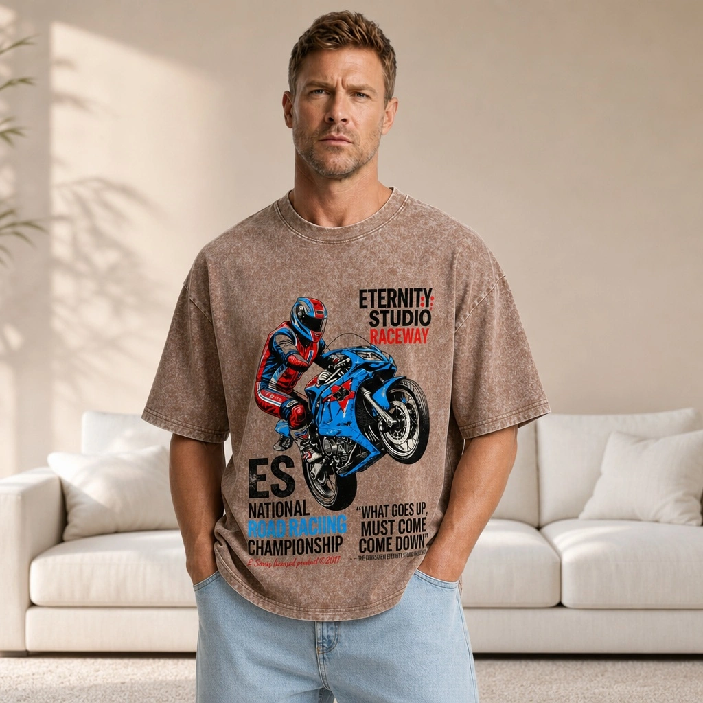 2026 summer new pure cotton short-sleeved T-shirt with motorcycle racing print, washed T-shirt