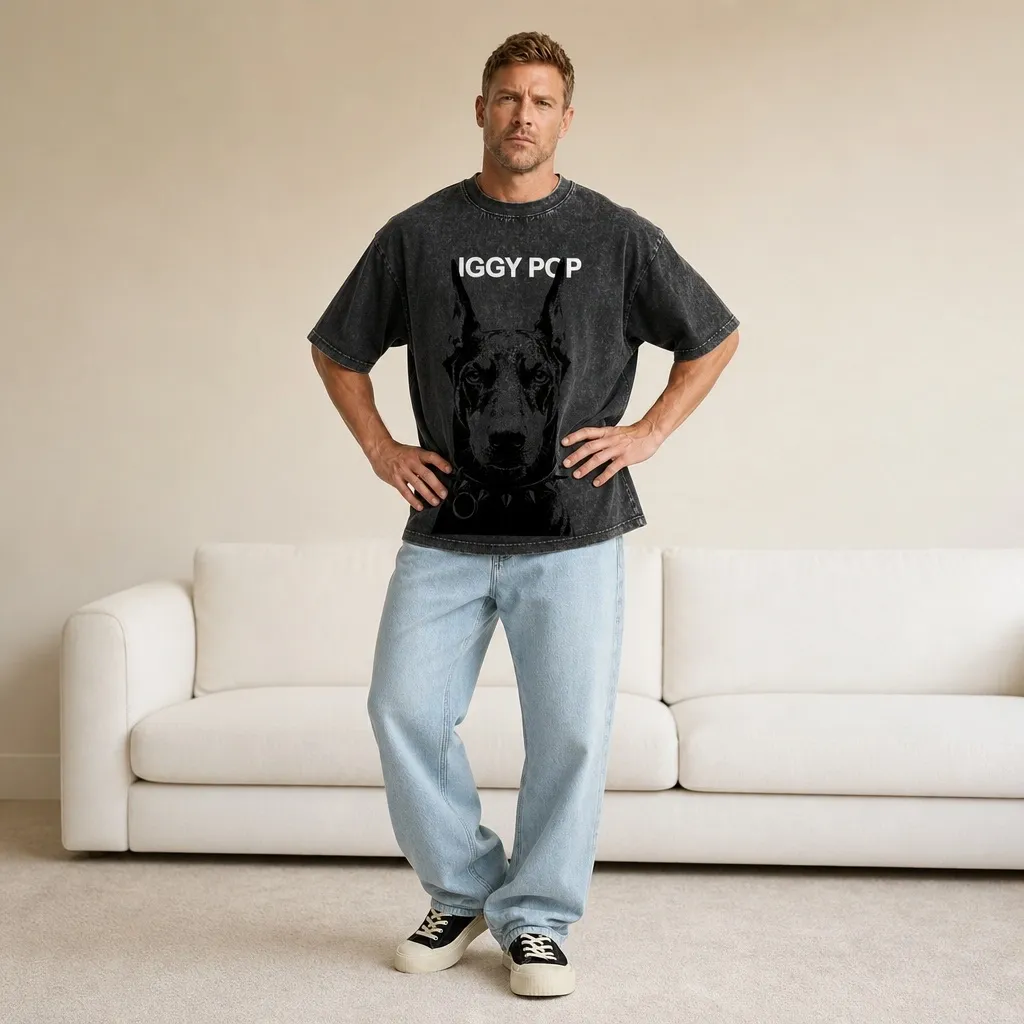2026 summer new pure cotton short-sleeved T-shirt with Doberman Pinscher pet print, washed black T-shirt