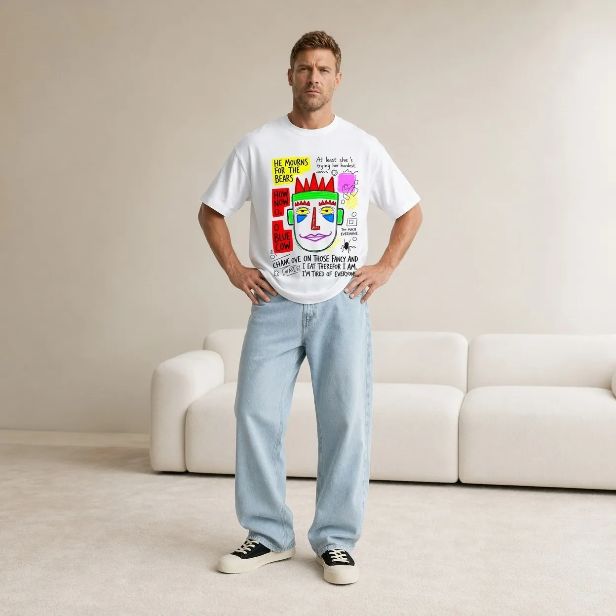 2026 summer new pure cotton short-sleeved T-shirt hand-painted retro printed white T-shirt