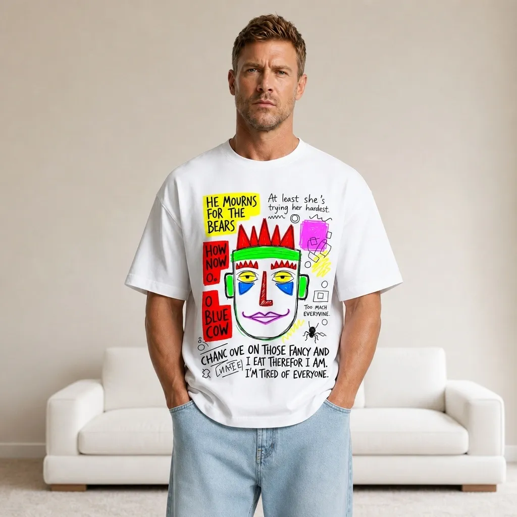 2026 summer new pure cotton short-sleeved T-shirt hand-painted retro printed white T-shirt