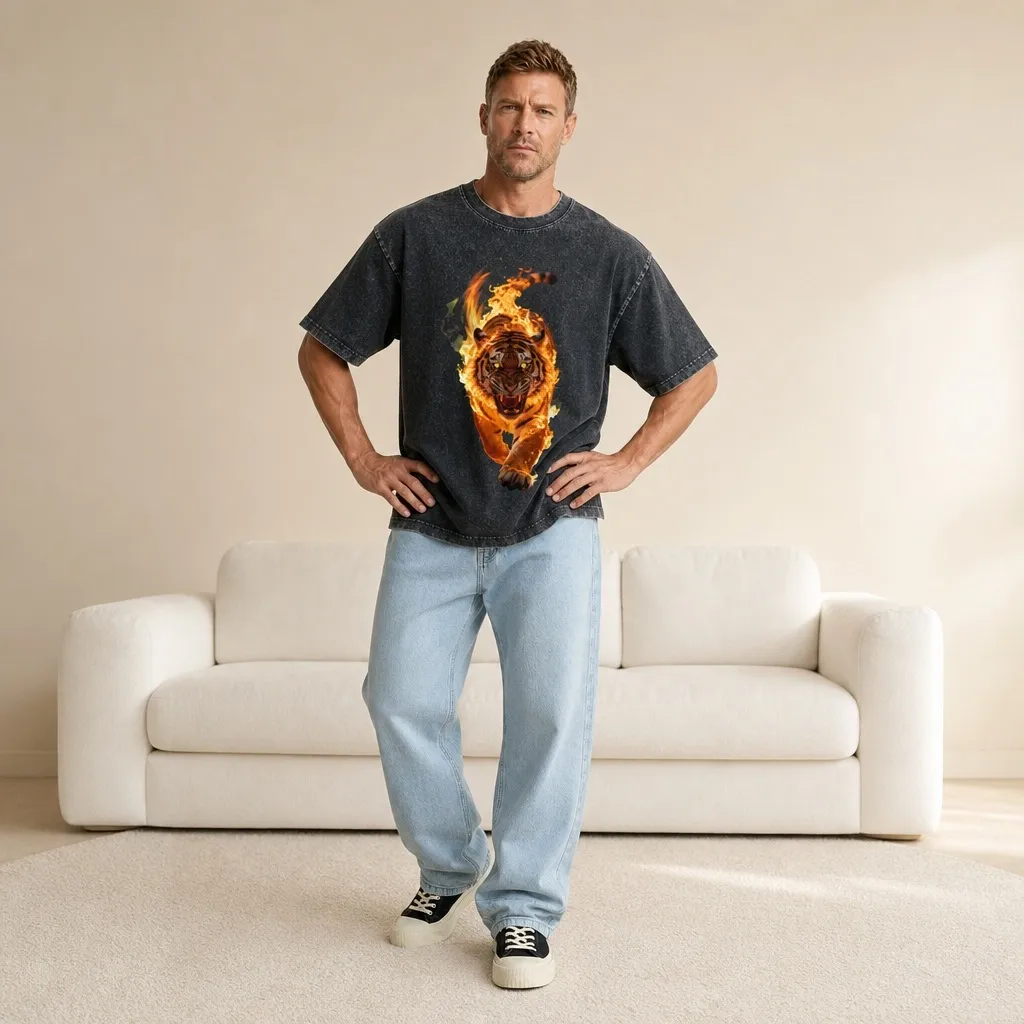 2026 Summer New Style Pure Cotton Short-Sleeve T-Shirt with Flaming Tiger Print, Black, Washed Finish