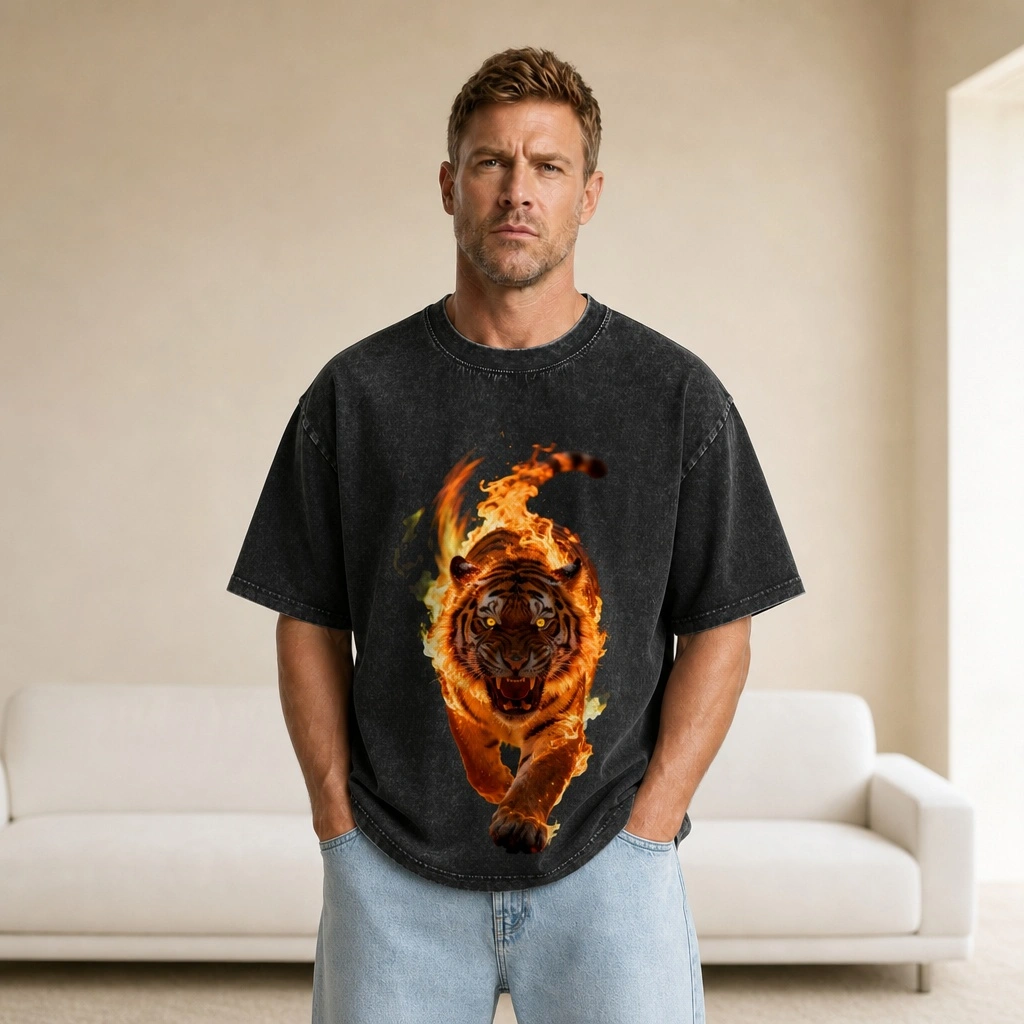 2026 Summer New Style Pure Cotton Short-Sleeve T-Shirt with Flaming Tiger Print, Black, Washed Finish