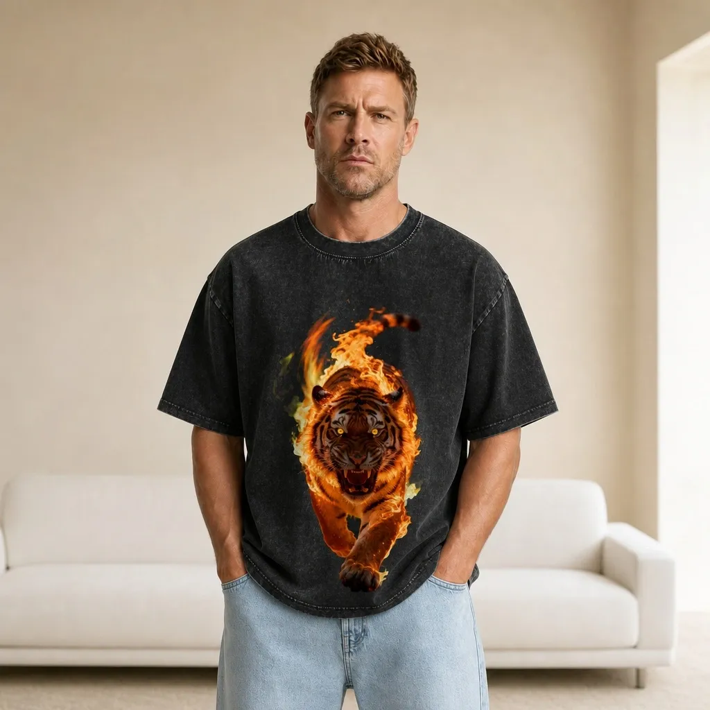2026 Summer New Style Pure Cotton Short-Sleeve T-Shirt with Flaming Tiger Print, Black, Washed Finish