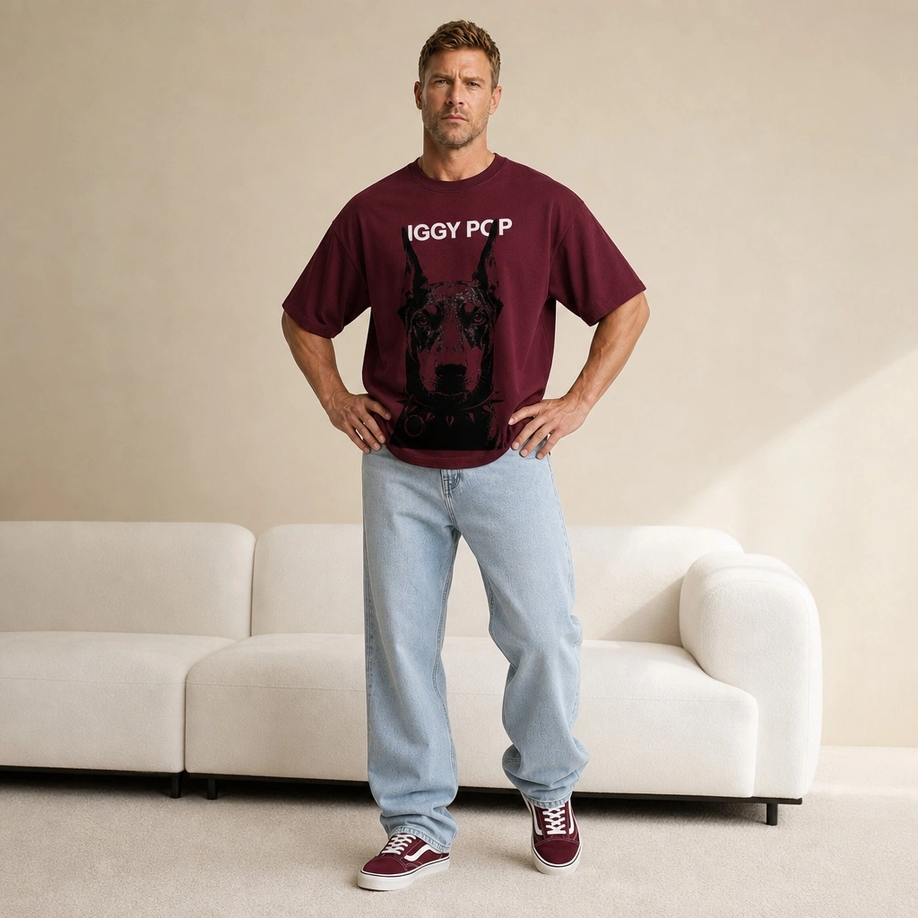 2026 summer new pure cotton short-sleeved T-shirt with Doberman Pinscher pet print in dark red