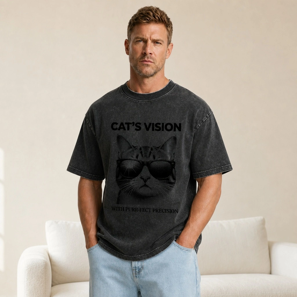 2026 summer new pure cotton short-sleeved T-shirt with pet animation cat print, washed black T-shirt