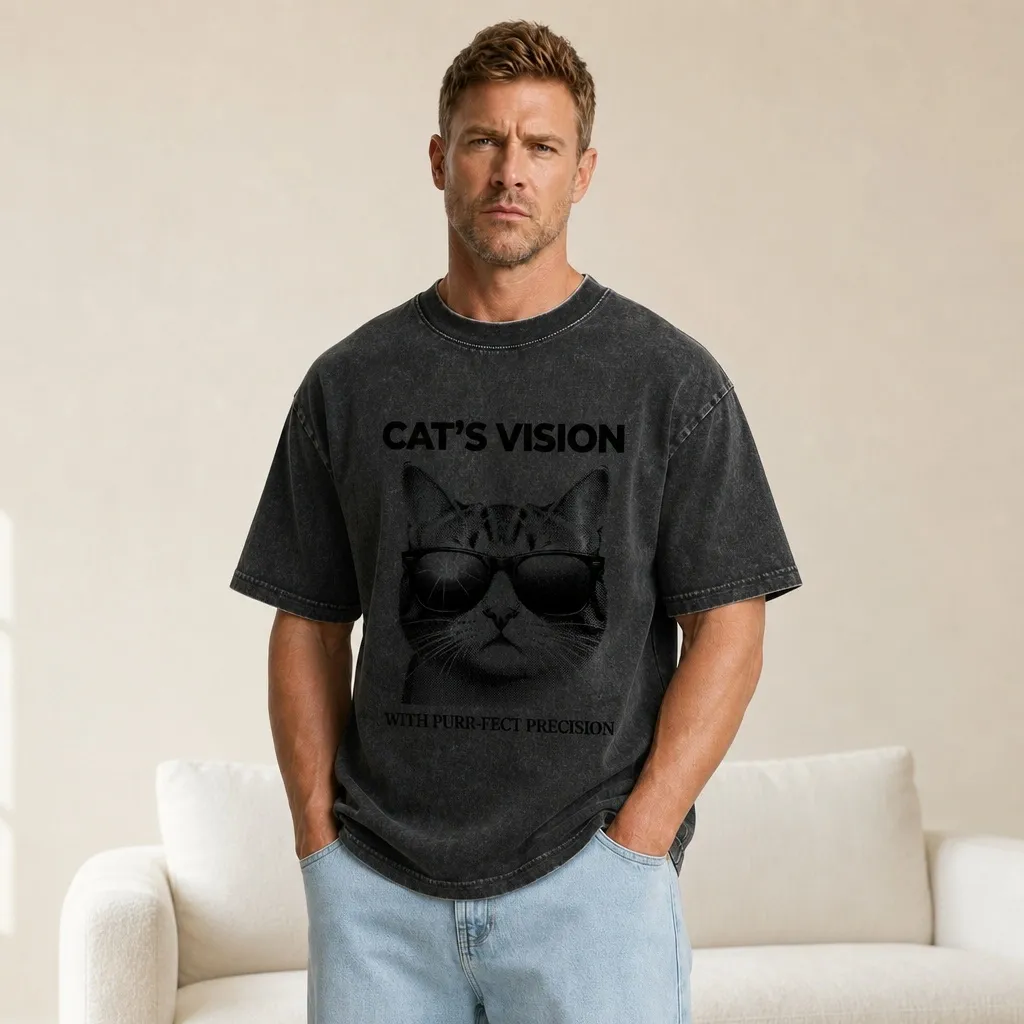 2026 summer new pure cotton short-sleeved T-shirt with pet animation cat print, washed black T-shirt