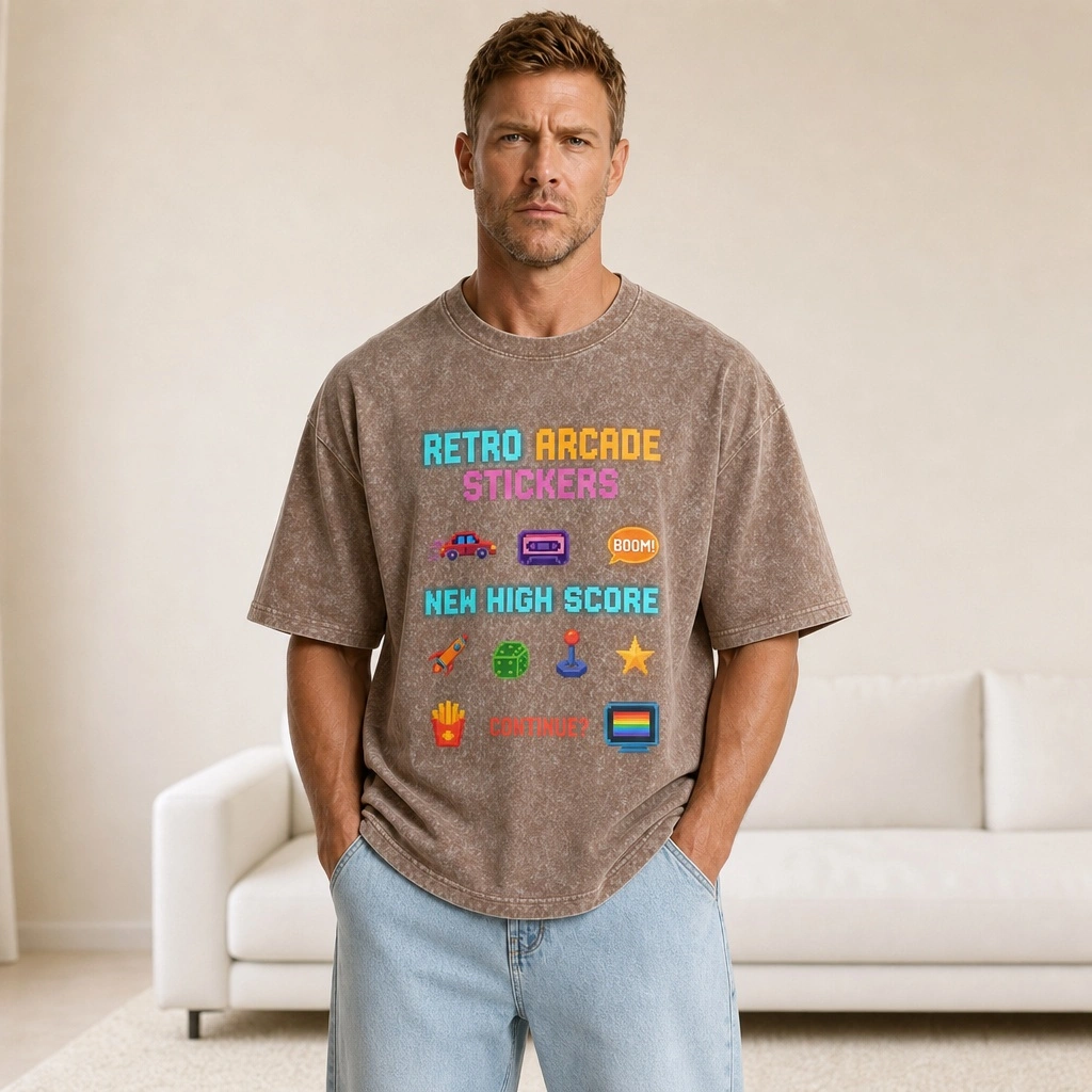 2026 Summer New Pure Cotton Short-sleeved T-shirt with Square Block Game Print, Washed T-shirt