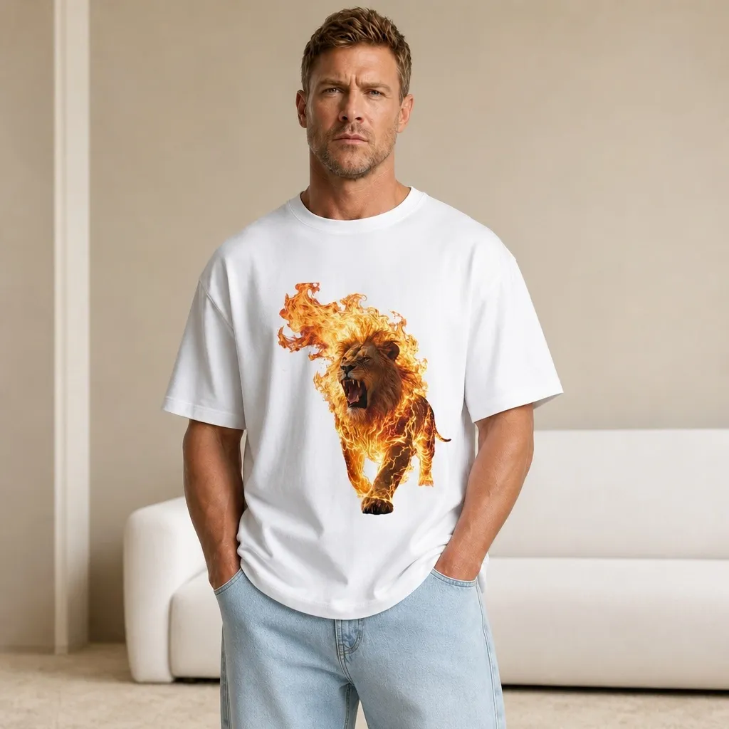 2026 summer new pure cotton short-sleeved T-shirt with flame lion print, white T-shirt
