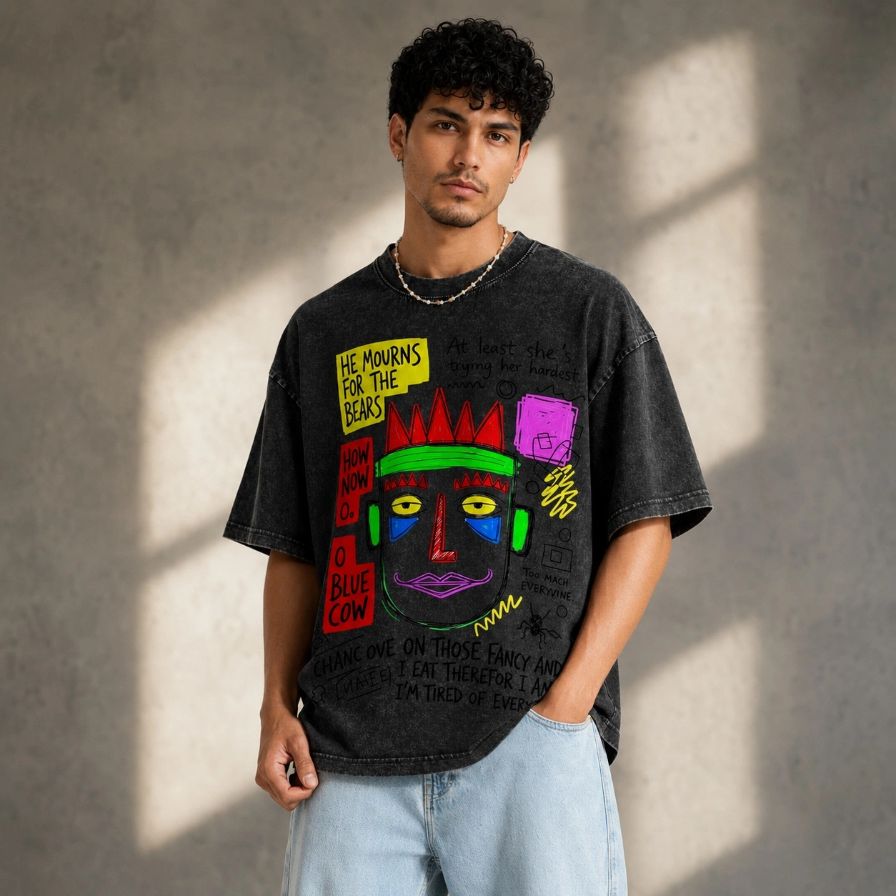 2026 summer new pure cotton short-sleeved T-shirt, cartoon hand-painted print, washed black T-shirt
