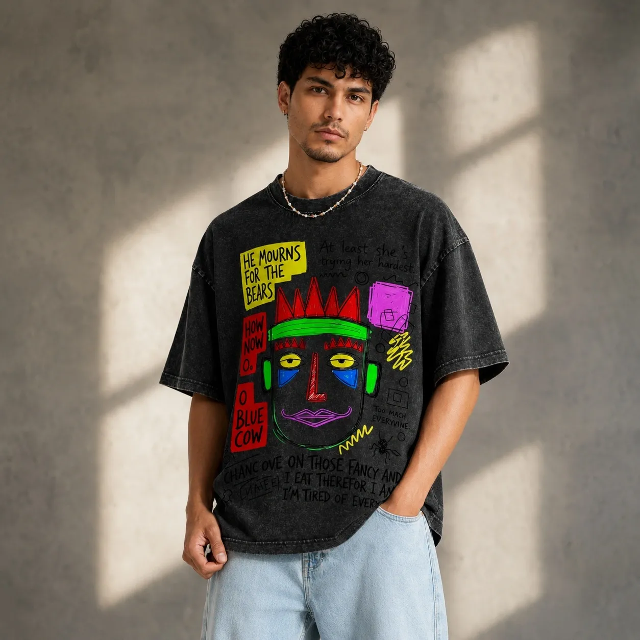 2026 summer new pure cotton short-sleeved T-shirt, cartoon hand-painted print, washed black T-shirt
