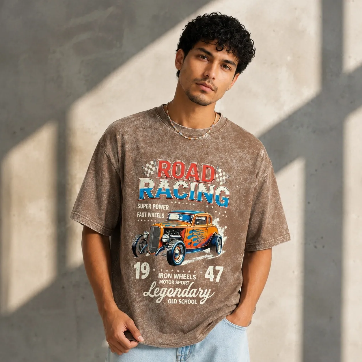 2026 summer new style pure cotton short-sleeved T-shirt vintage car print washed T-shirt