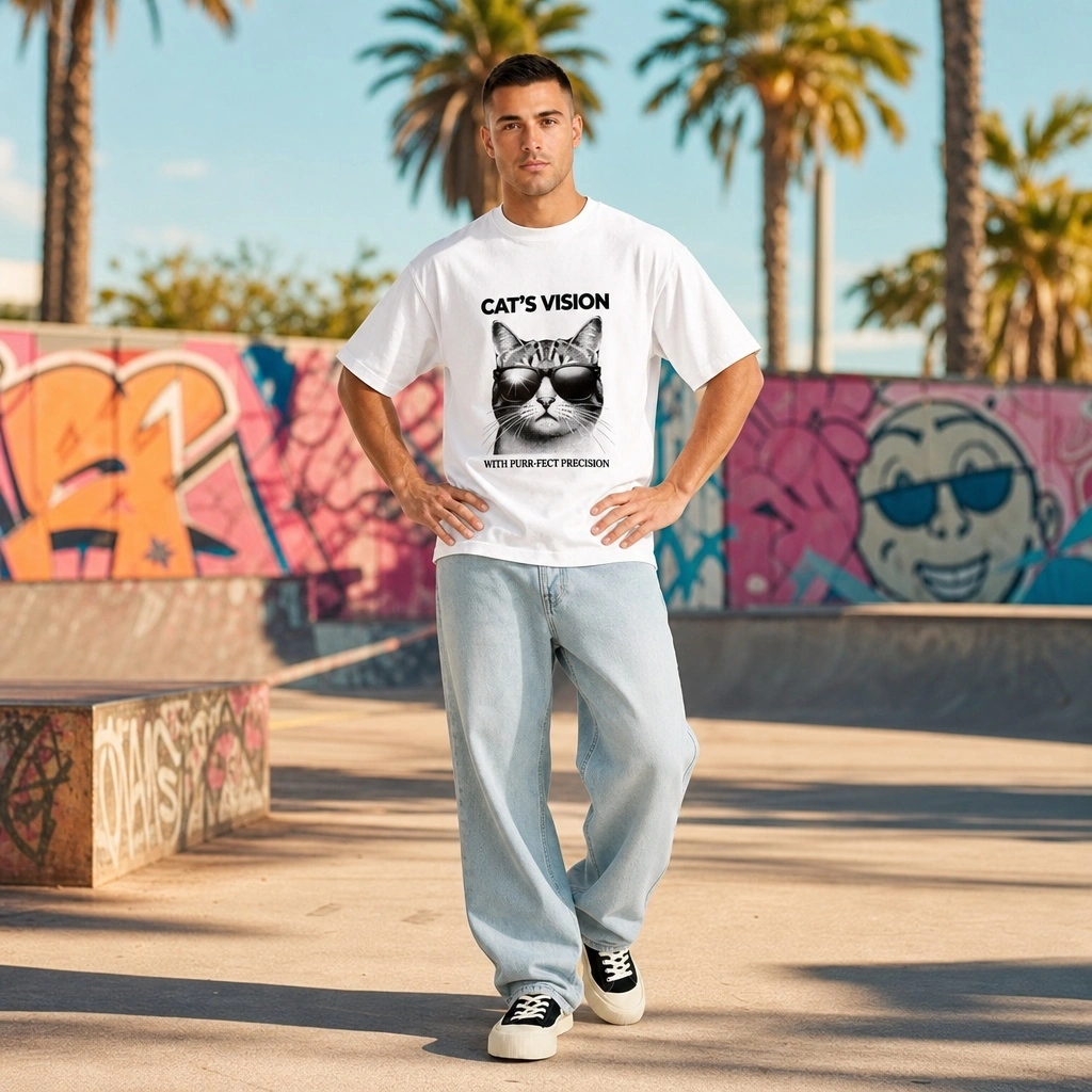 2026 summer new pure cotton short-sleeved T-shirt cartoon cat printed white T-shirt