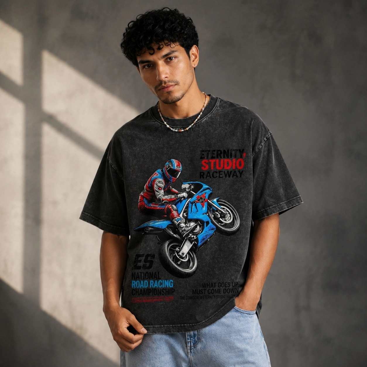 2026 Summer New Style Pure Cotton Short-sleeved T-shirt for Men, Motorcycle Print, Washed T-shirt
