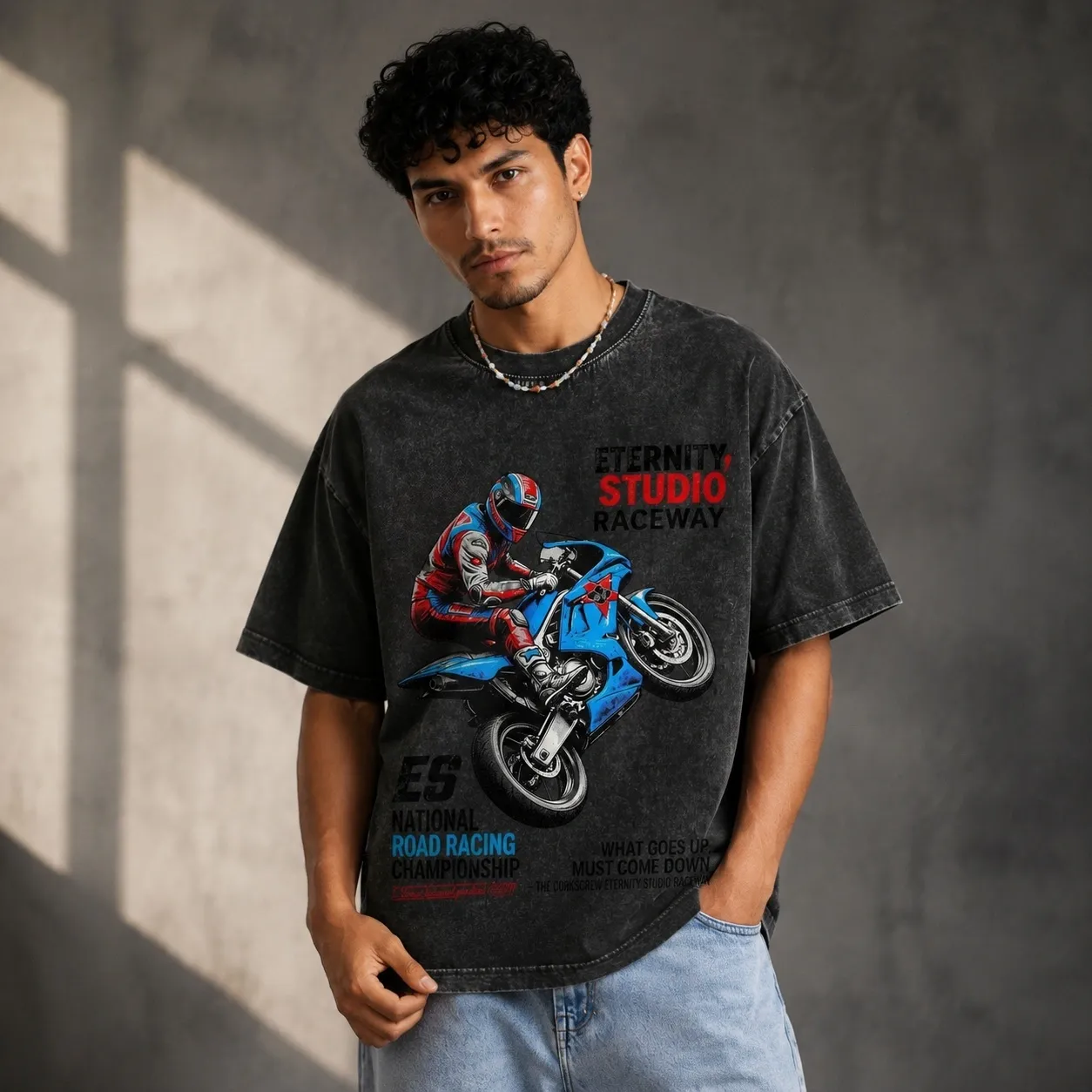 2026 Summer New Style Pure Cotton Short-sleeved T-shirt for Men, Motorcycle Print, Washed T-shirt