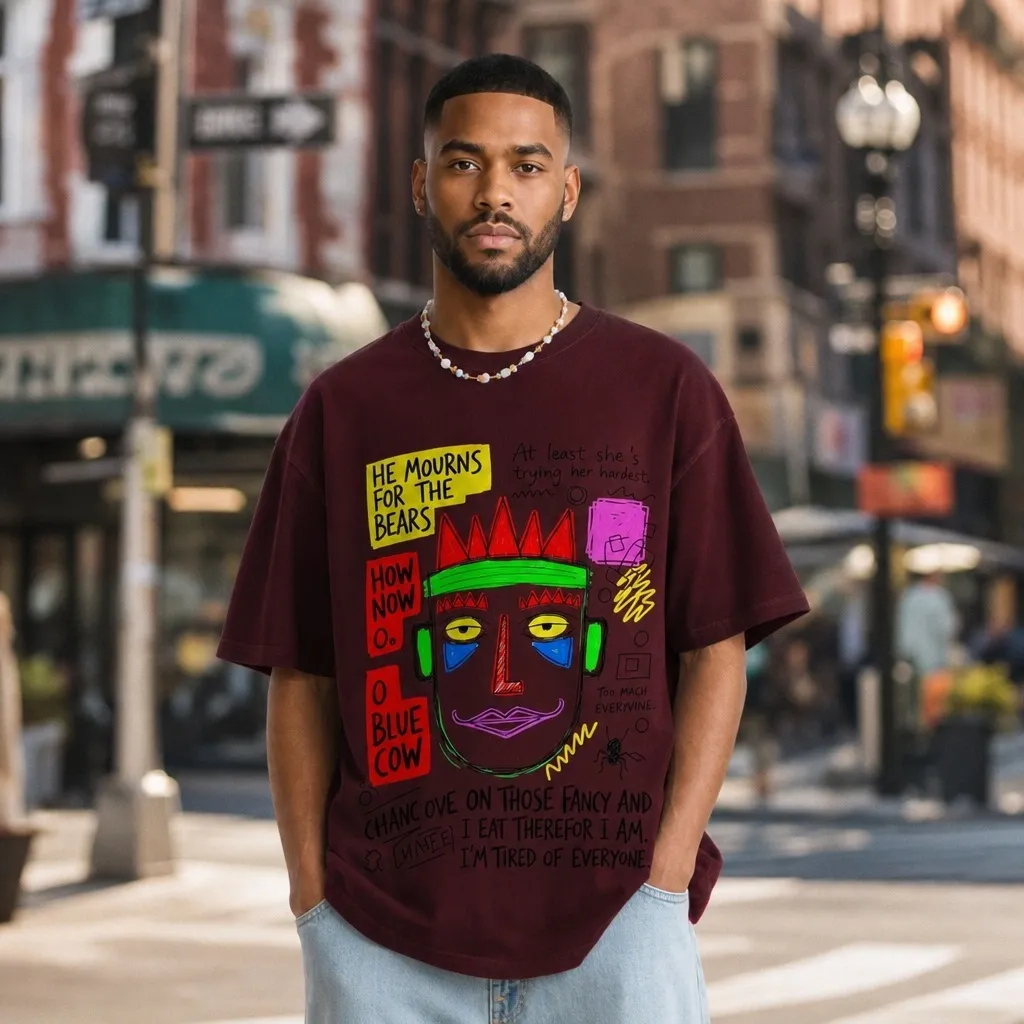 2026 summer new style pure cotton short-sleeved T-shirt cartoon hand-painted print dark red T-shirt