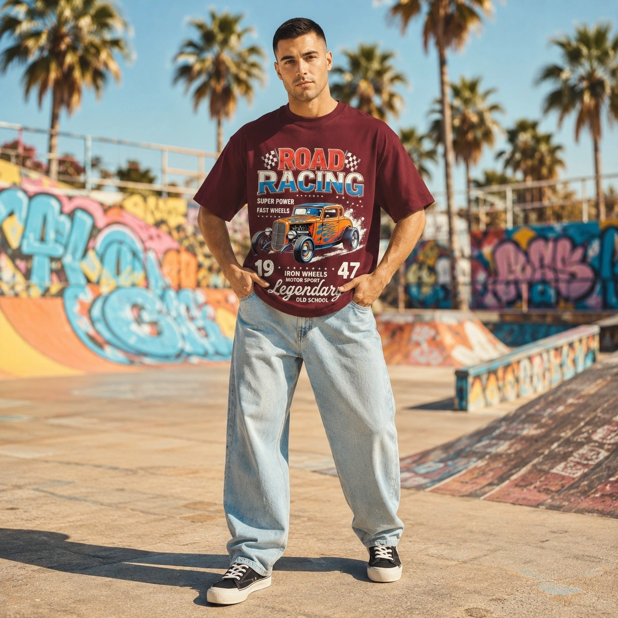 2026 summer new pure cotton short-sleeved T-shirt men's vintage car print fashion brand dark red