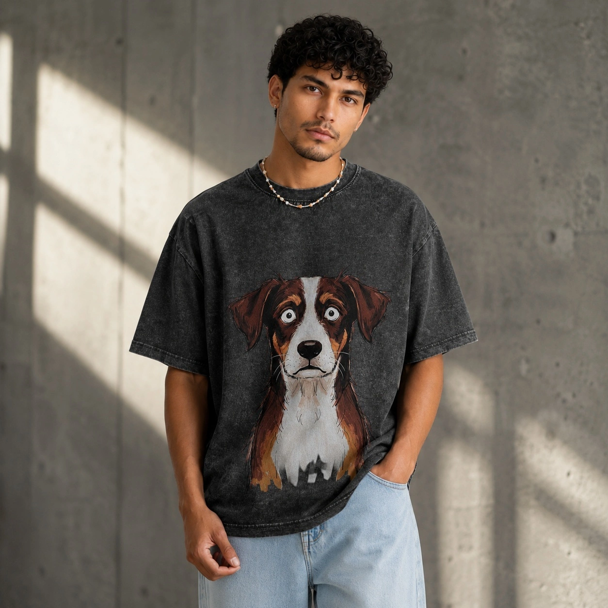 2026 cute dog trendy pure cotton short-sleeved men's fashion brand versatile casual round neck printed t-shirt washed black