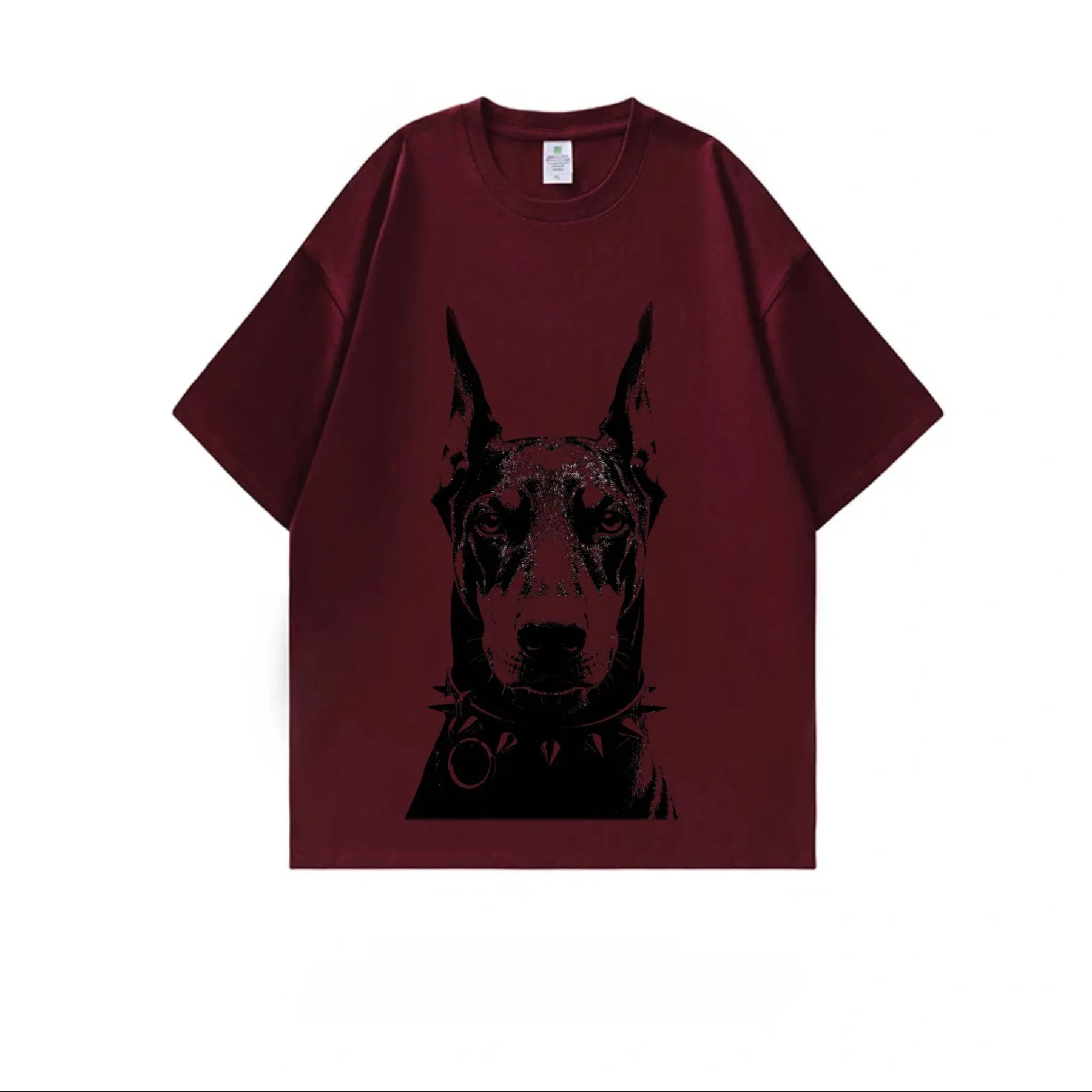 2026 summer new pure cotton short-sleeved T-shirt with Doberman Pinscher pet print in dark red