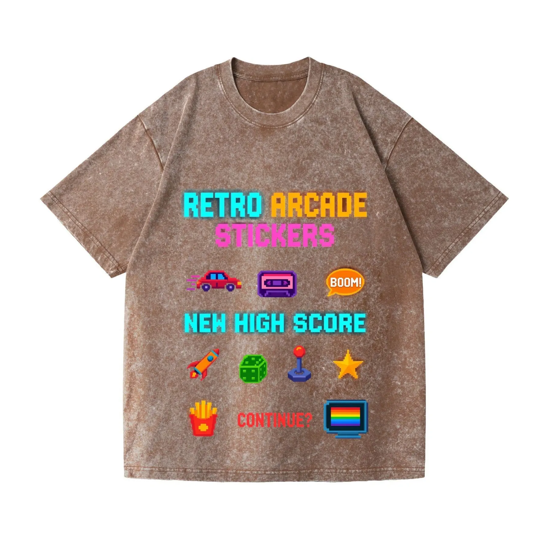 2026 Summer New Pure Cotton Short-sleeved T-shirt with Square Block Game Print, Washed T-shirt