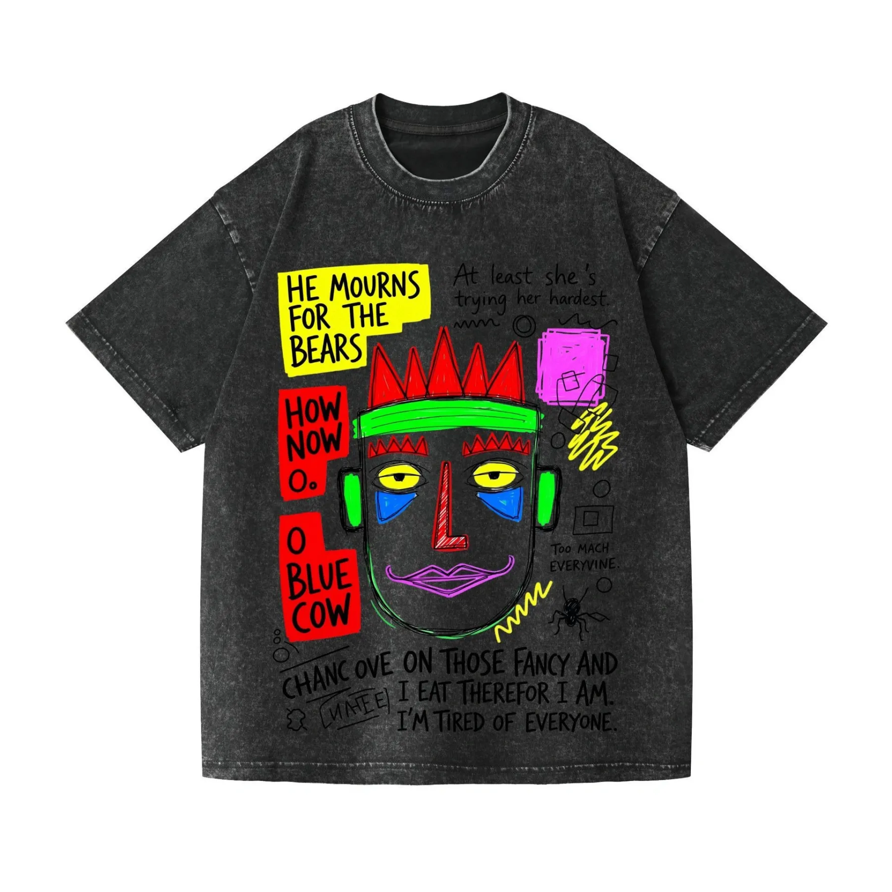 2026 summer new pure cotton short-sleeved T-shirt, cartoon hand-painted print, washed black T-shirt