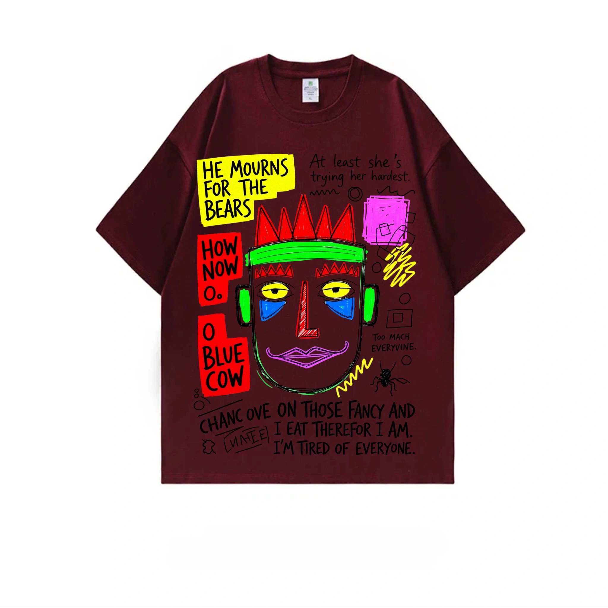 2026 summer new style pure cotton short-sleeved T-shirt cartoon hand-painted print dark red T-shirt