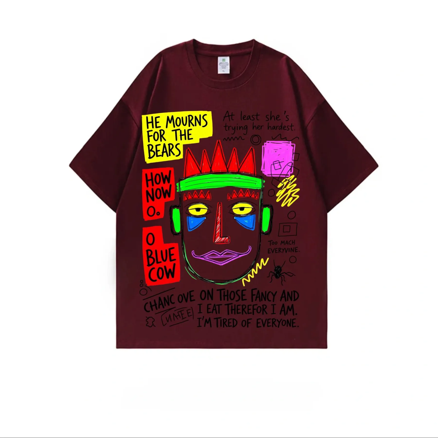 2026 summer new style pure cotton short-sleeved T-shirt cartoon hand-painted print dark red T-shirt