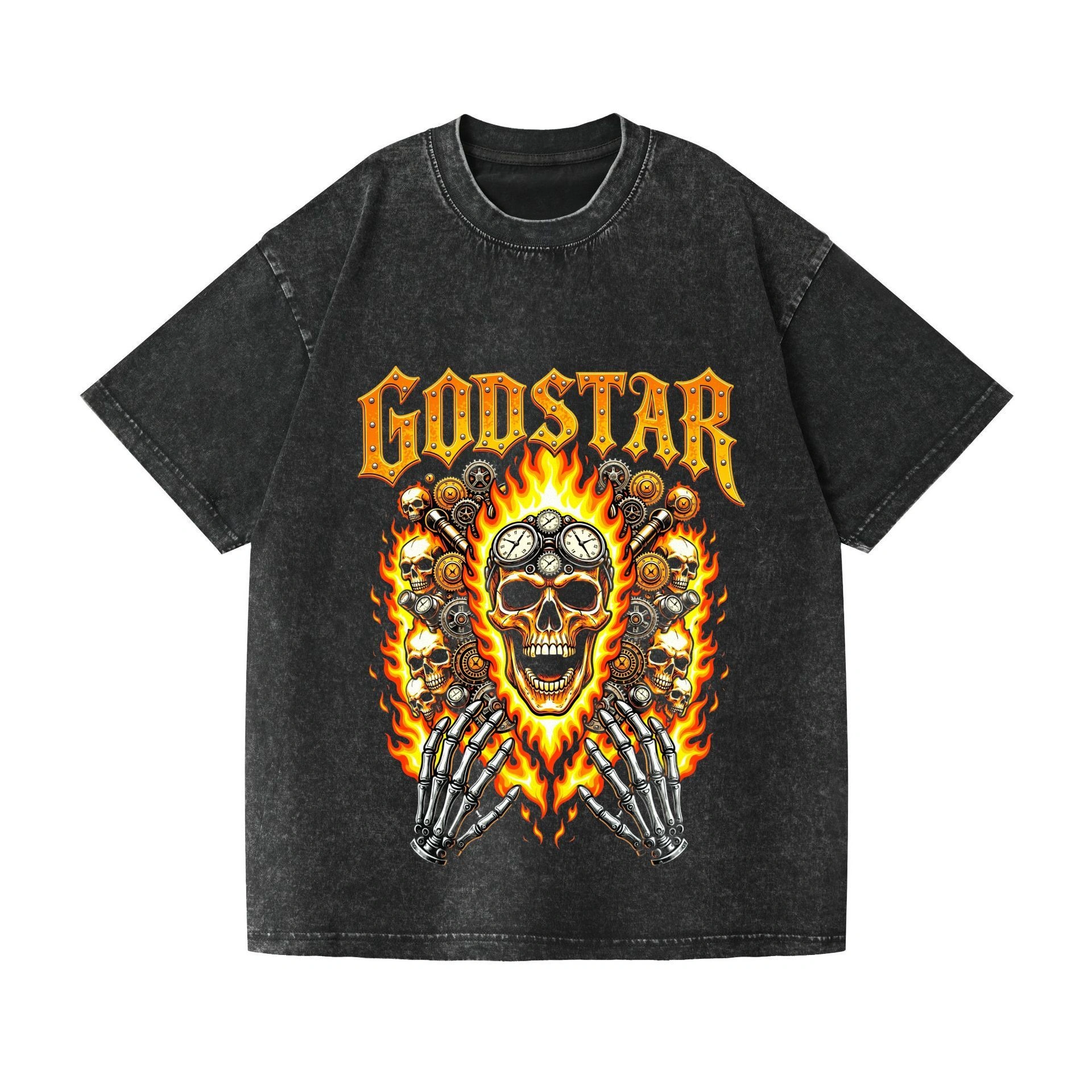 2026 summer new style pure cotton short-sleeved T-shirt vintage hip-hop skull print washed black T-shirt
