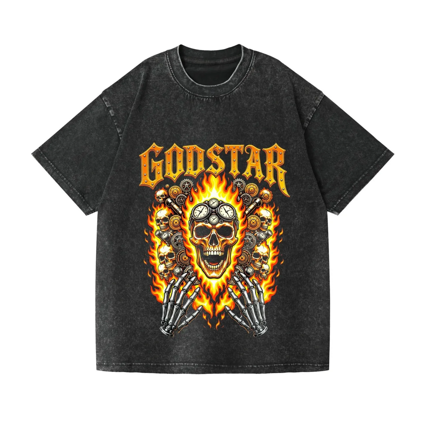 2026 summer new style pure cotton short-sleeved T-shirt vintage hip-hop skull print washed black T-shirt