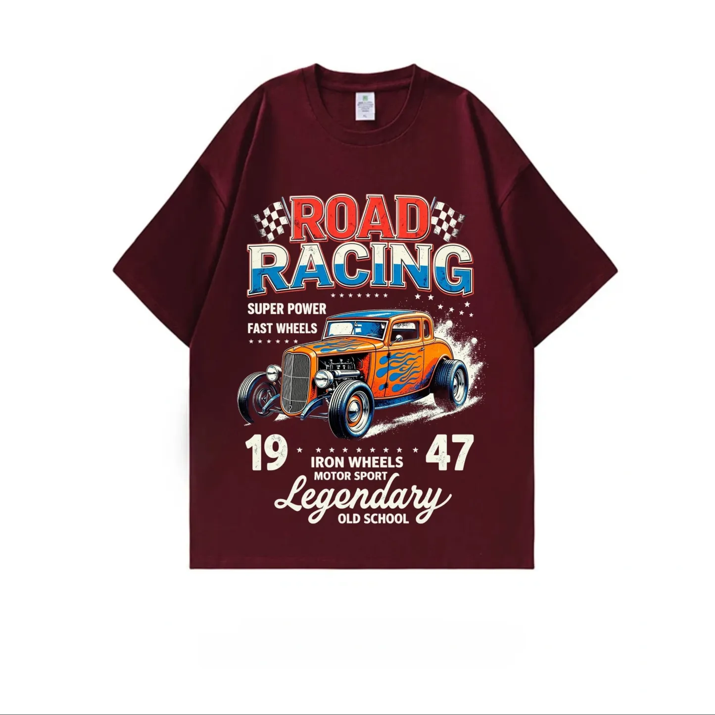 2026 summer new pure cotton short-sleeved T-shirt men's vintage car print fashion brand dark red
