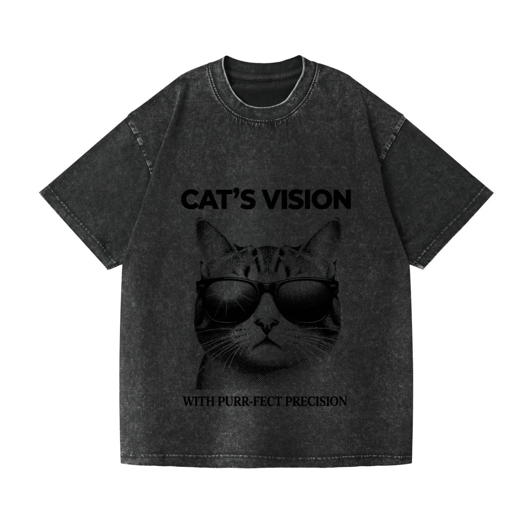 2026 summer new pure cotton short-sleeved T-shirt with pet animation cat print, washed black T-shirt