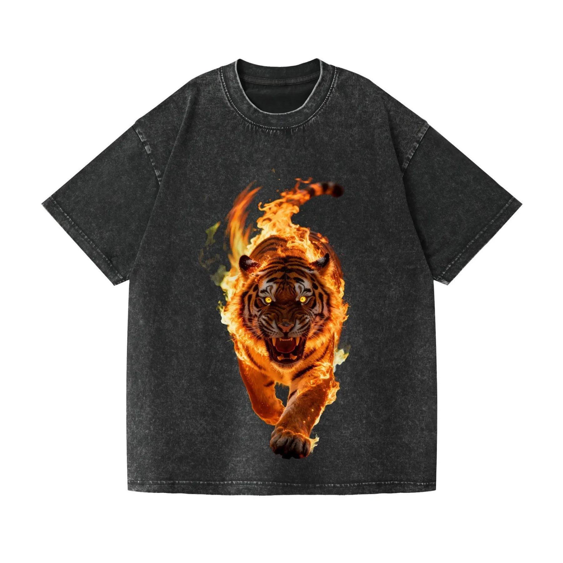 2026 Summer New Style Pure Cotton Short-Sleeve T-Shirt with Flaming Tiger Print, Black, Washed Finish
