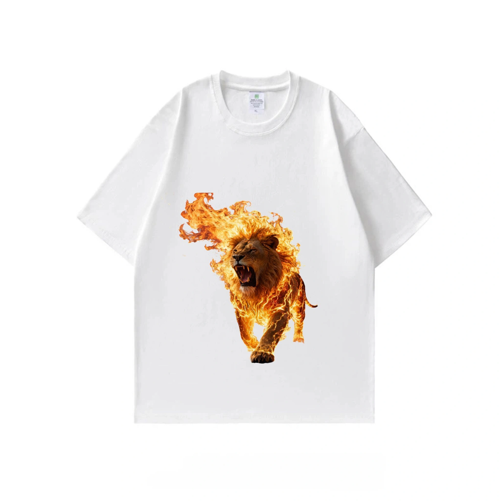 2026 summer new pure cotton short-sleeved T-shirt with flame lion print, white T-shirt