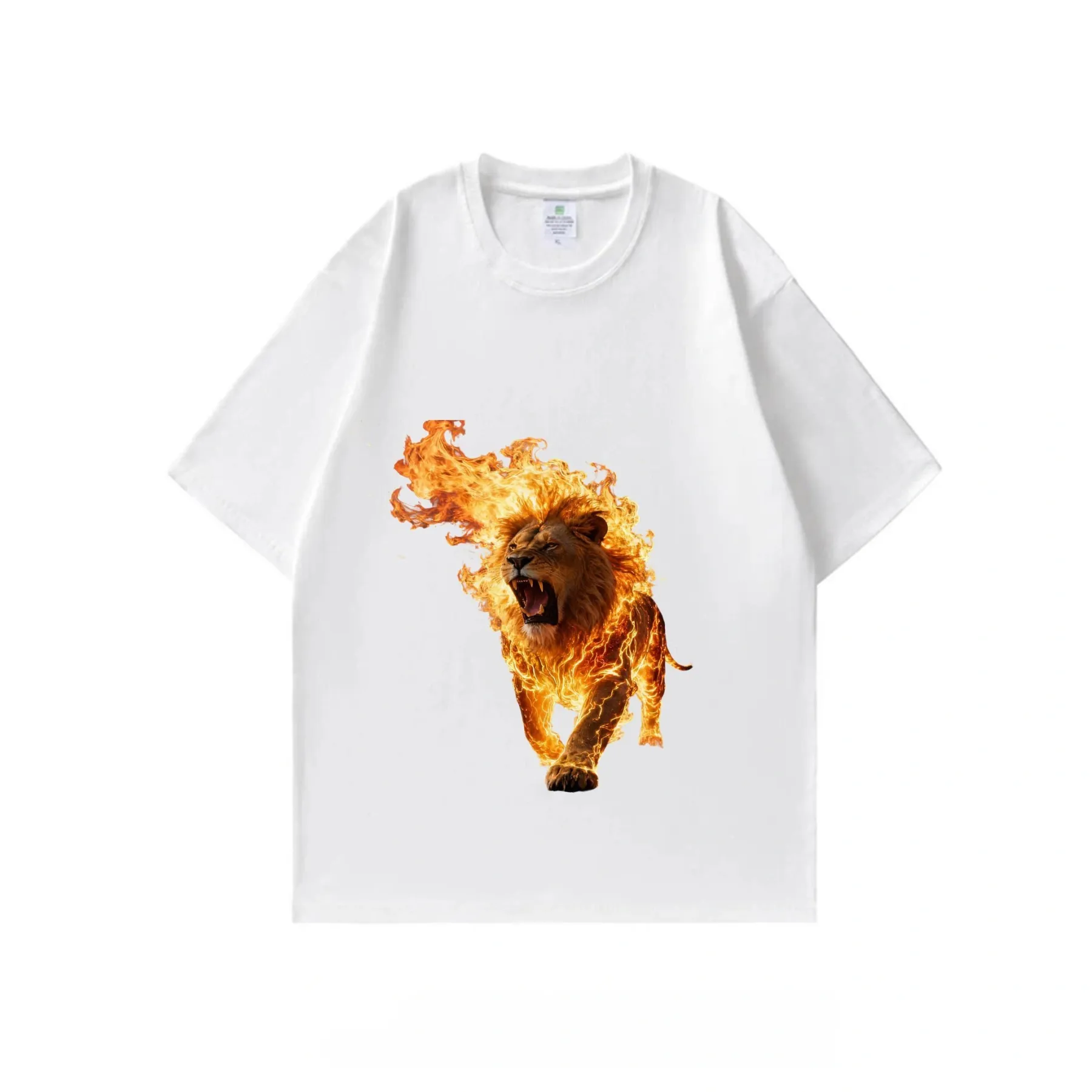 2026 summer new pure cotton short-sleeved T-shirt with flame lion print, white T-shirt