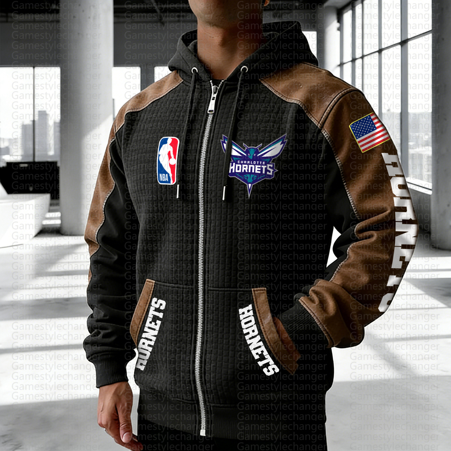 Charlotte Hornet Contrasting Shoulder Panels Hooded Zip-Up Jacket