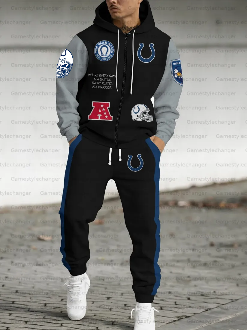 (Fleece-Lined Zip-up Hoodie) Indianapolis Colts Zip-up Hoodie & Pants 2 Pieces Set