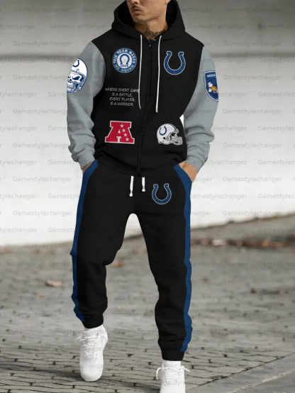 (Fleece-Lined Zip-up Hoodie) Indianapolis Colts Zip-up Hoodie & Pants 2 Pieces Set