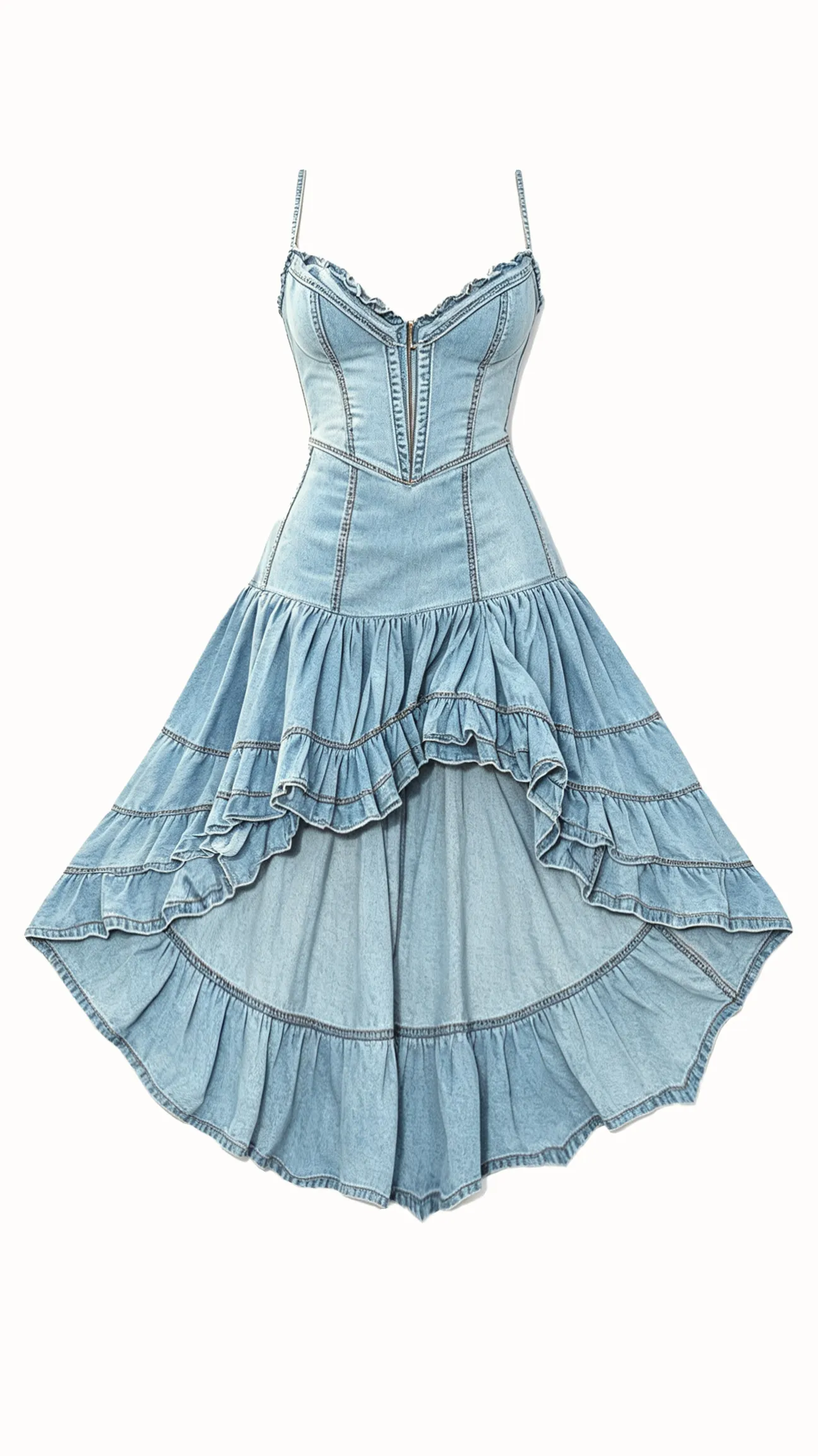 Women's Western Denim Corset Dress - Vintage Cowgirl Tiered Ruffle Maxi Dress with High Low Hem