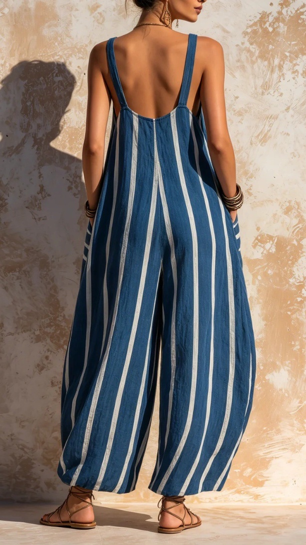 Women's Blue White Vertical Stripe V-Neck Spaghetti Strap Wide Leg Linen Cotton Jumpsuit