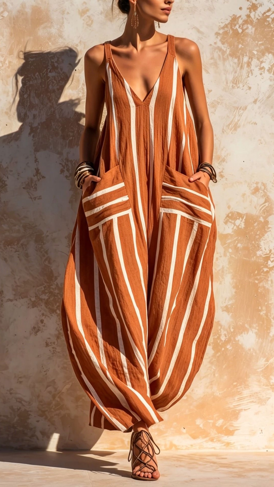 Women's Blue White Vertical Stripe V-Neck Spaghetti Strap Wide Leg Linen Cotton Jumpsuit