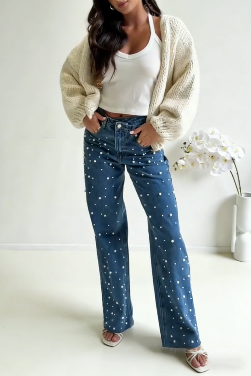 Women's casual washed denim trousers with bead embellishments