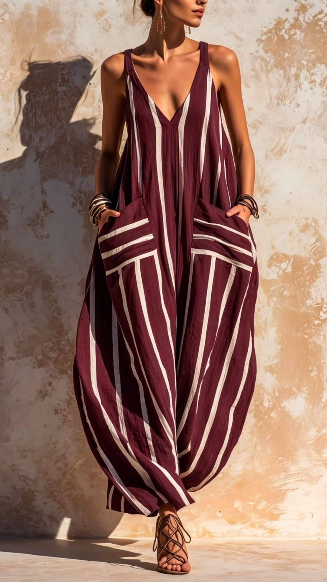 Women's Blue White Vertical Stripe V-Neck Spaghetti Strap Wide Leg Linen Cotton Jumpsuit