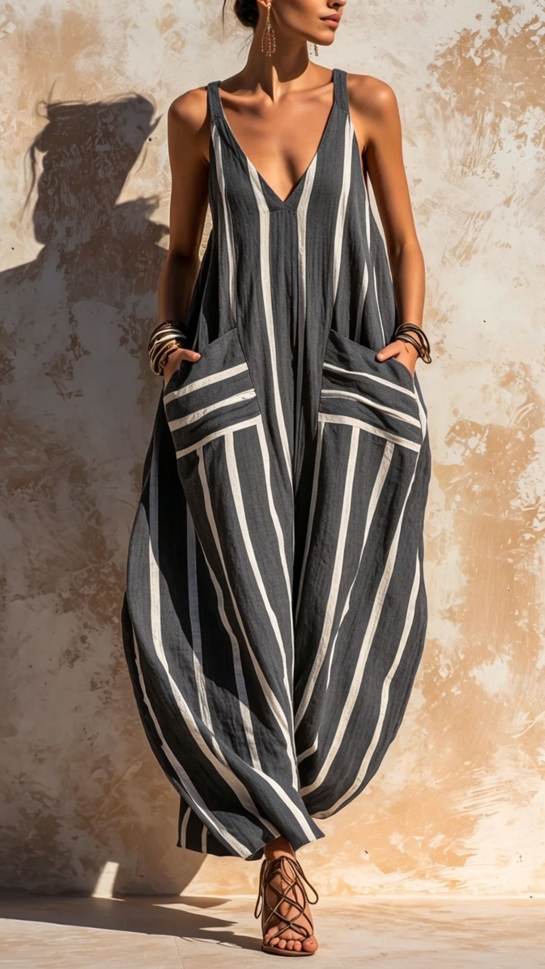 Women's Blue White Vertical Stripe V-Neck Spaghetti Strap Wide Leg Linen Cotton Jumpsuit
