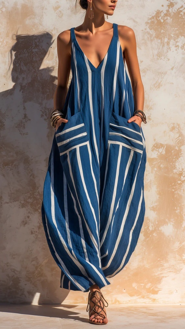 Women's Blue White Vertical Stripe V-Neck Spaghetti Strap Wide Leg Linen Cotton Jumpsuit