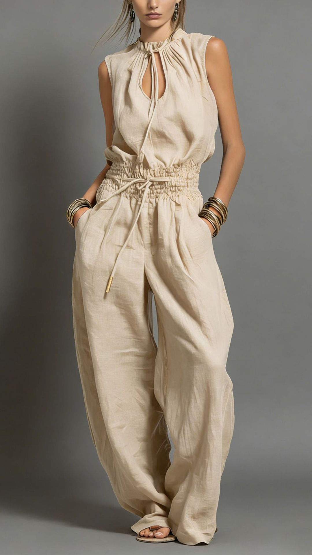 Women's Cotton-Blend Light Beige Waisted Sleeveless Jumpsuit