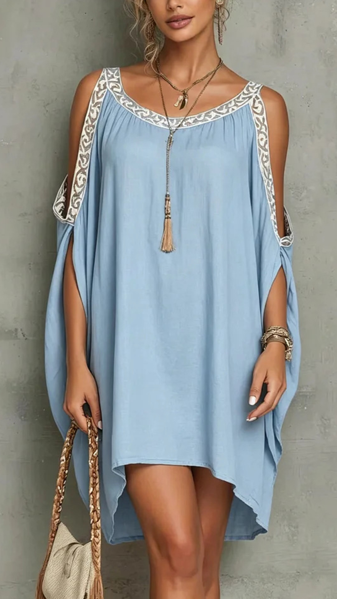 Women's Cotton-Blend Light Blue Off-Shoulder Embroidered print Loose Dress