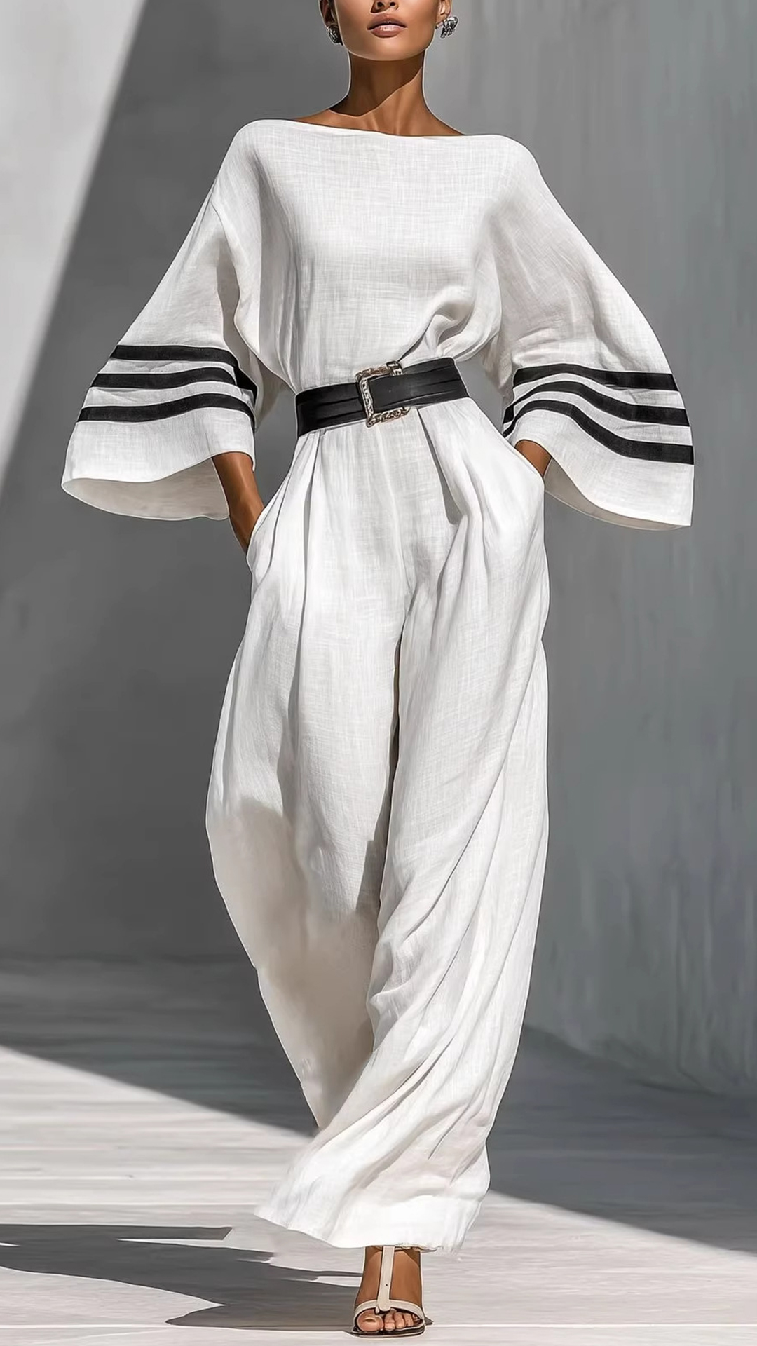 Women's Cotton-blend Striped Waist-cinching Wide-leg Jumpsuit