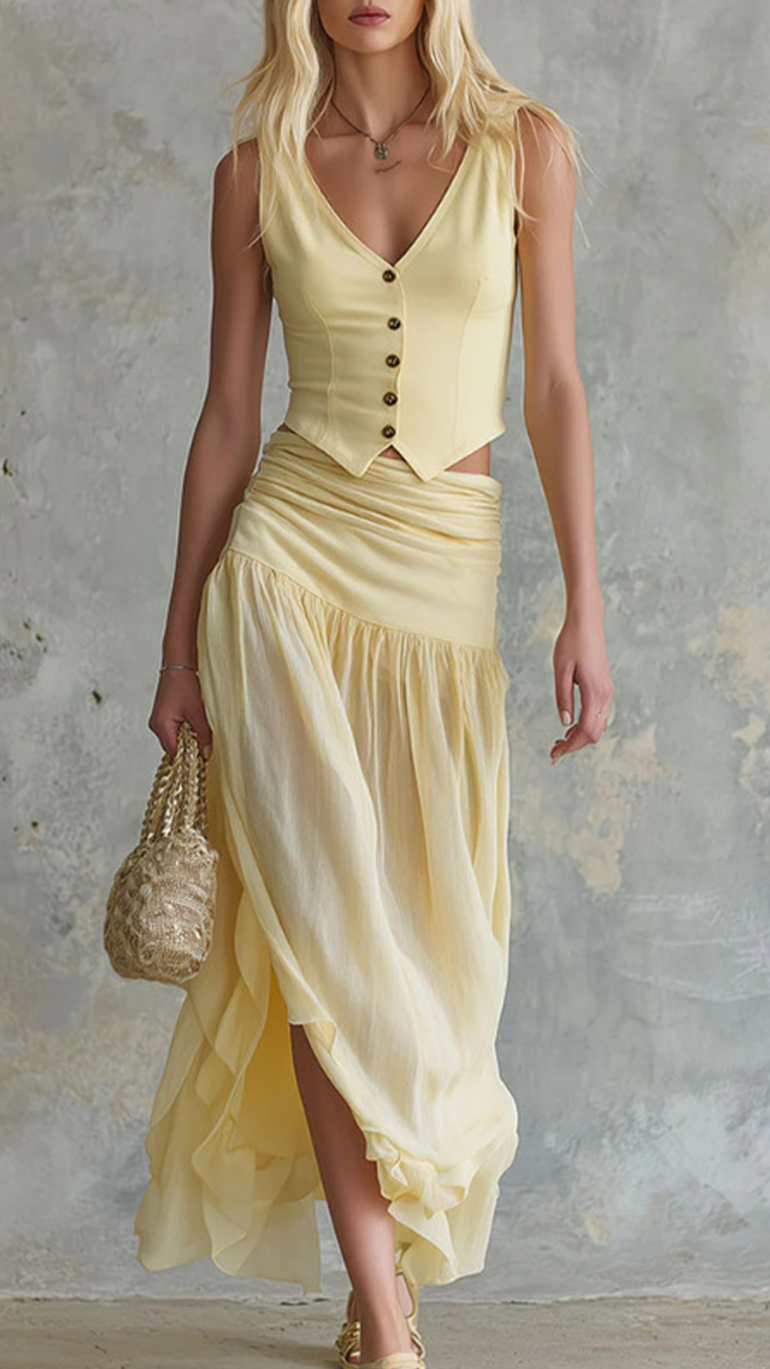 Women's Cotton-blend V-neck Buttoned Ruched Midi Skirt Set