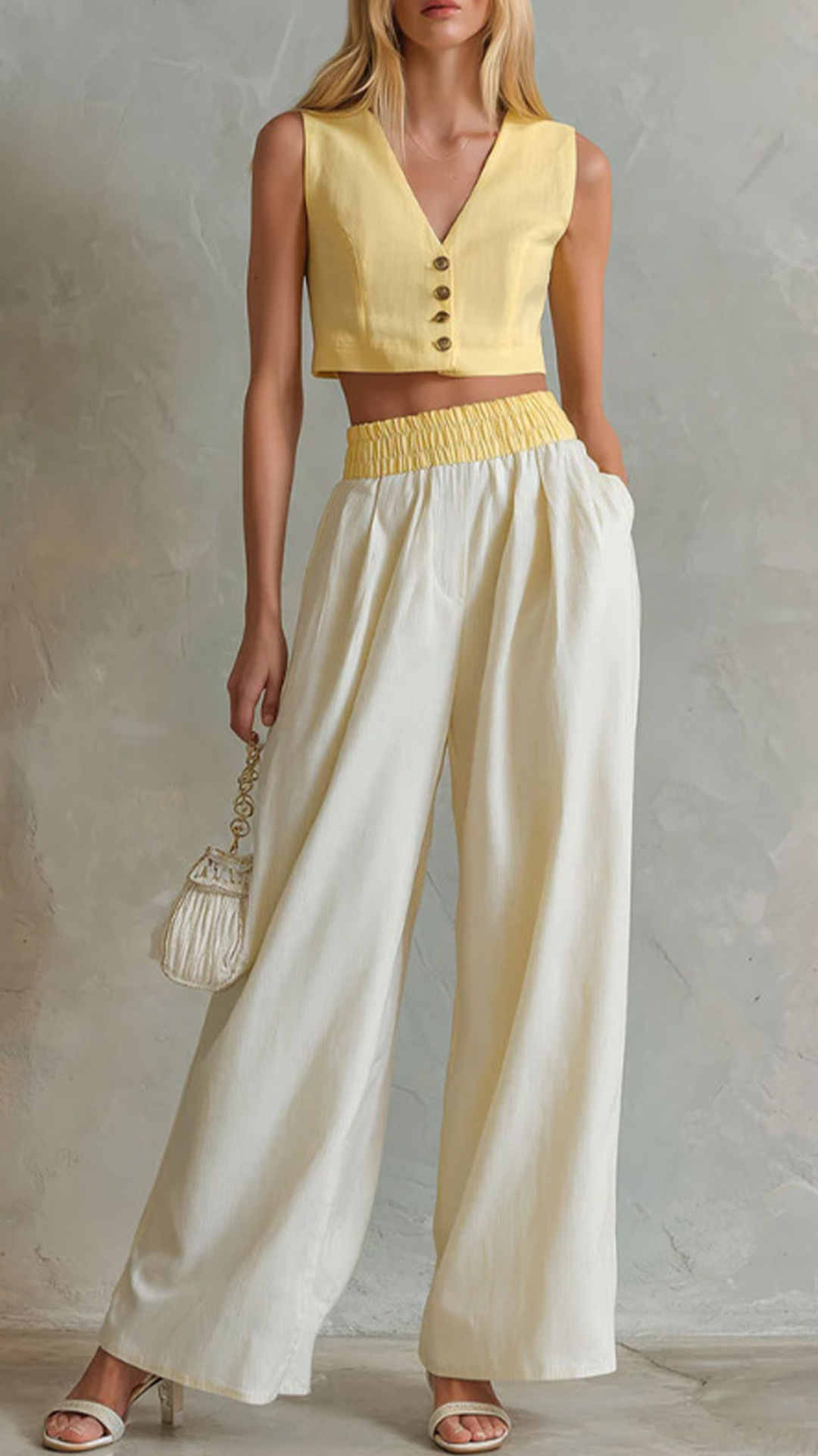 Women's Cotton‑blend V‑Neck Button‑Front Vest Elastic‑Waist Wide‑Leg Pant Set