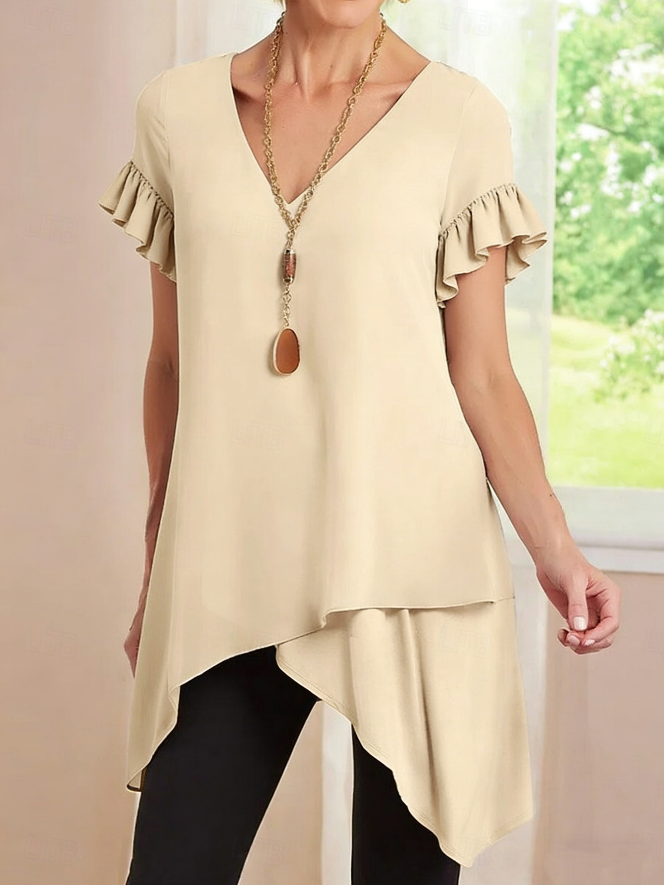 Women's Blouse Solid Color Stylish Casual Long Sleeve Crew Neck Long Tops Daily Ruffle Black Blue Khaki Spring Fall